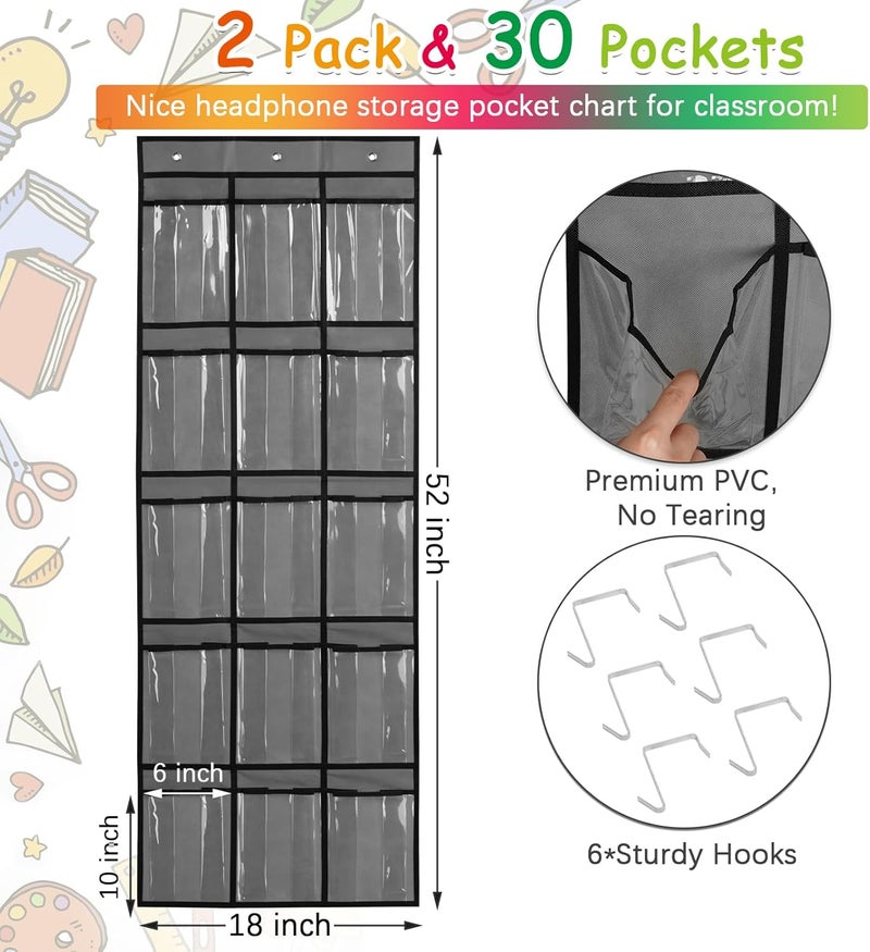 Olpchee 2 Pack Classroom Headphone Storage Organizer with 30 Pockets, PVC Clear Classroom Pocket Chart for Headphone Cell Phone Over-the-Door Hanging Headphone Holder Bag with 62 Labels(Grey) - Image 3